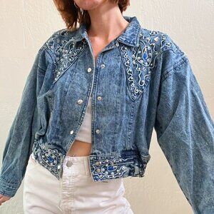 Vintage 1980s/90s Jewel Embellished Acid Wash Denim Jacket